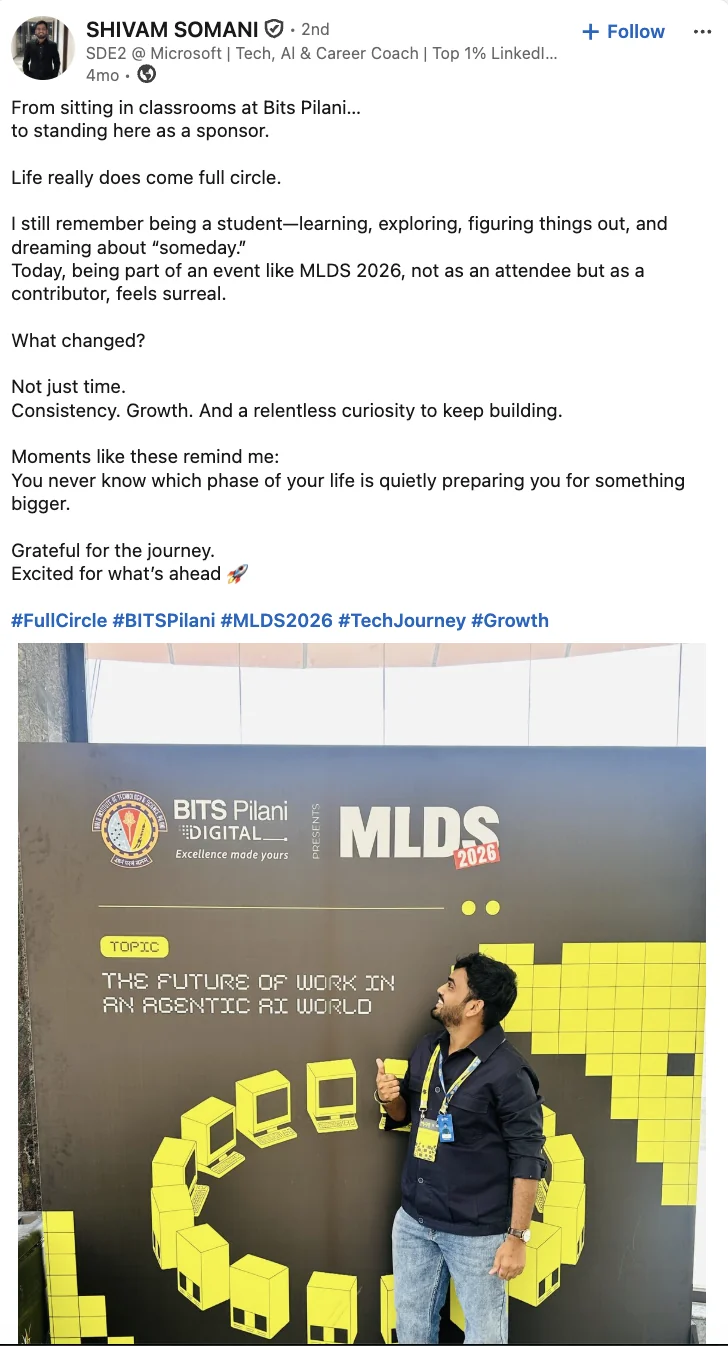 Shivam Somani shares their MLDS experience on LinkedIn
