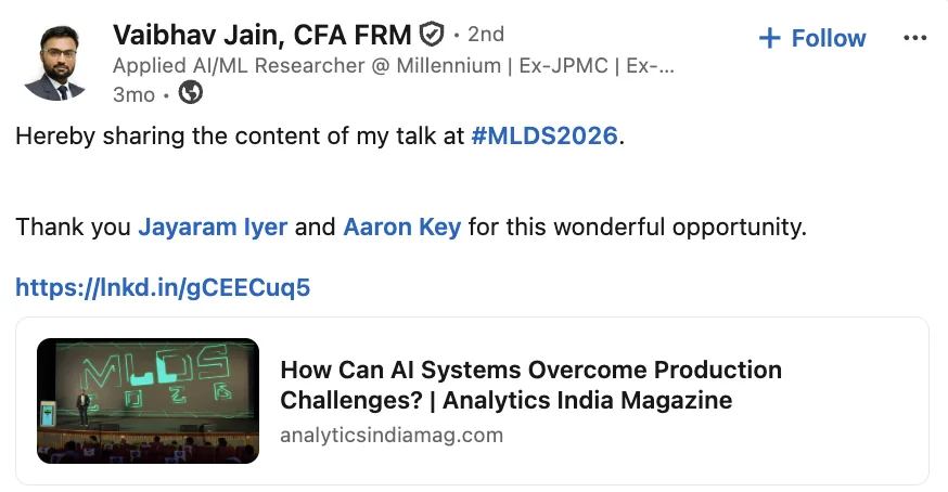 Vaibhav Jain, CFA FRM shares their MLDS experience on LinkedIn